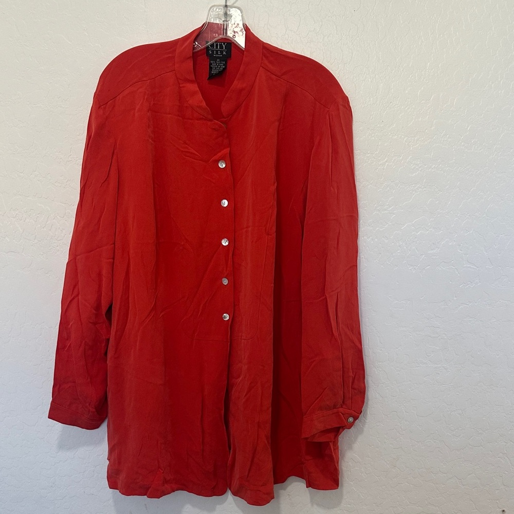 City Silk Red Button-Front Women's Blouse